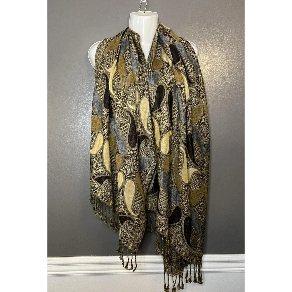 Pashmina Scarf Womens Gold Gray Paisley Cashmere Silk Wrap Shawl Made Italy